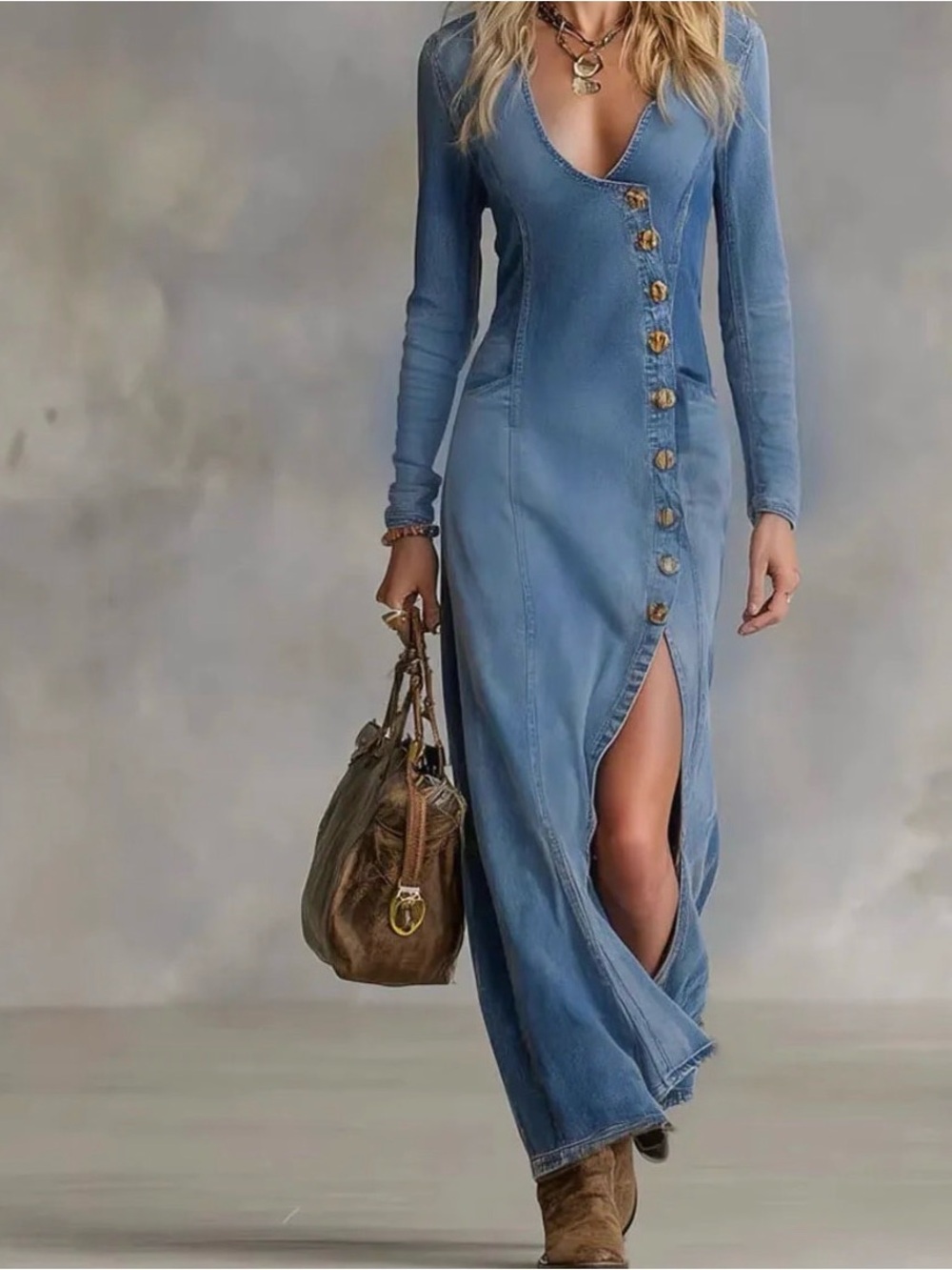 OYROSY V-neck Single-breasted Side-slit Denim Long-sleeved Maxi Dress NWT S